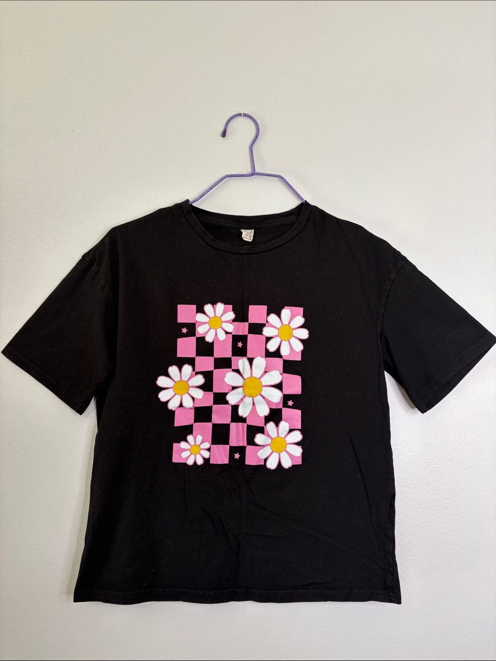 SHEIN Teen Girls' Black Tee with Pink Checker & Daisy Graphic Size 12-13Y